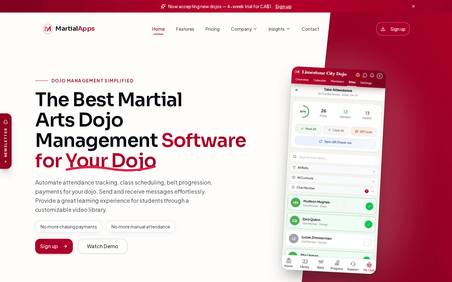 MartialApps dojo management software website